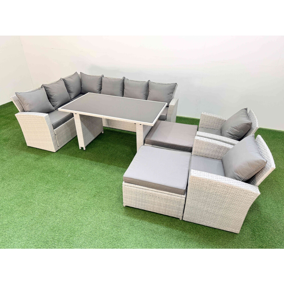 Fimous 10 Seater Wicker Rattan Corner Sofa Sets Outdoor Garden Furniture Sets with Rectangular Dining Table Lounge Sofa 2 Big Footstools Light Grey