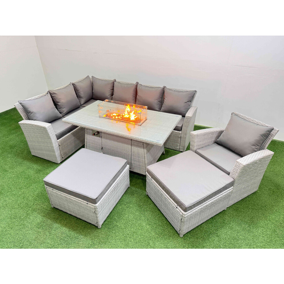 Fimous Light/Grey Rattan Corner Sofa Chair Set Outdoor Furniture Garden Dining Sets Gas Fire Pit Table With Temper Glass 2 Big Footstools Mixed - Image 2