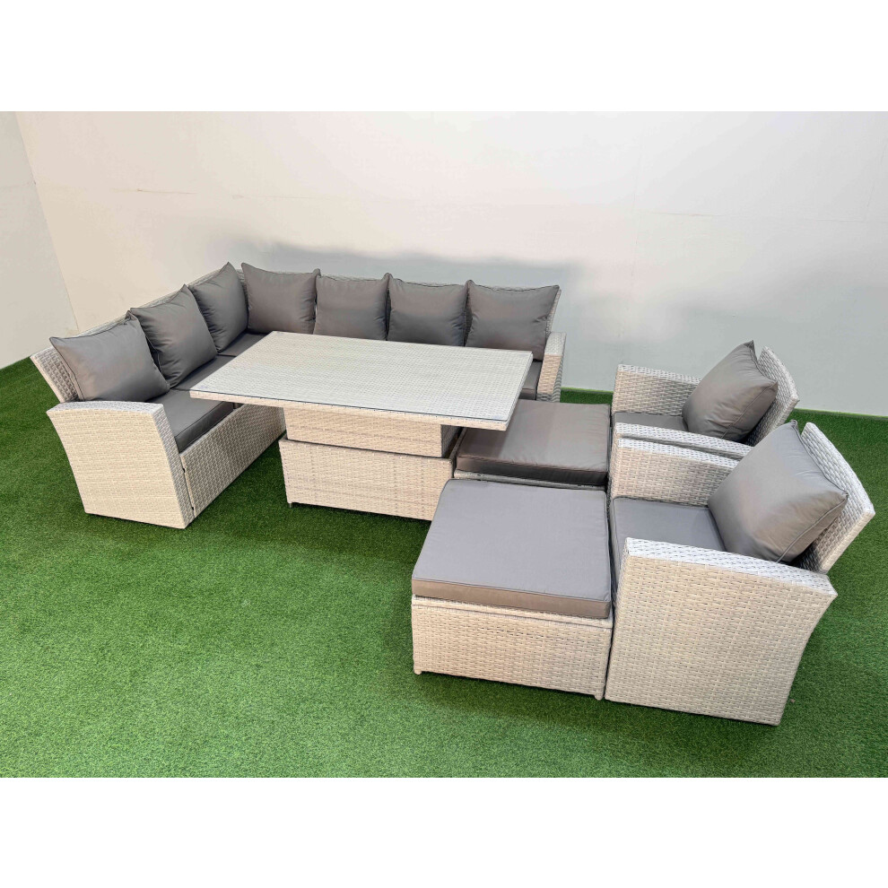 Fimous 10 Seat Rattan Outdoor Garden Furniture Corner Sofa Set Adjustable Lifting Dining or Coffee Table Set with Armchair Light Grey