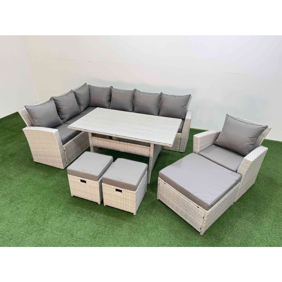 Fimous 10 Seater Rattan Garden Furniture Set Outdoor Patio Dining Corner Sofa Sets with Dining Table Chair 3 Footstools Light Grey Mixed