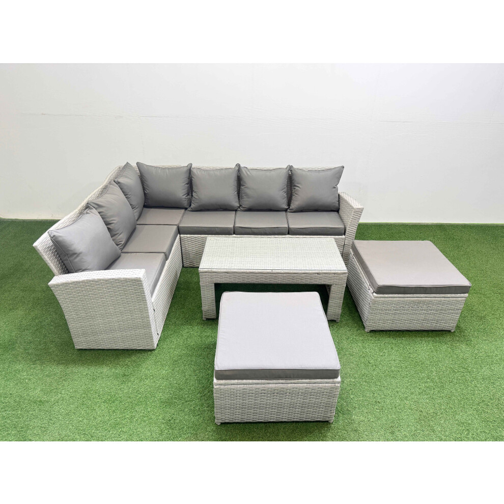 Fimous Rattan Garden Furniture Set Outdoor 8 Seater Corner Sofa Sets with Oblong Coffee Table 2 Big Footstools Light Grey Mixed