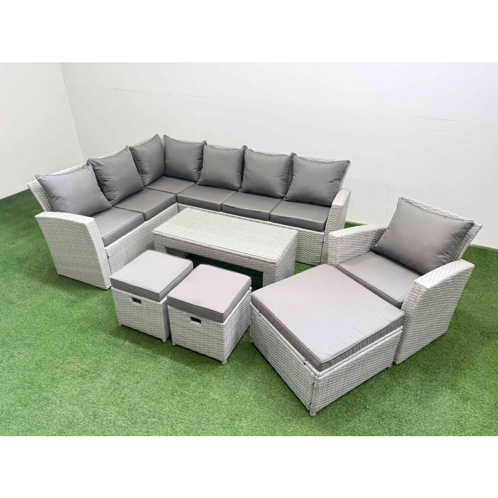 Fimous Rattan Garden Furniture Set Outdoor 10 Seater Corner Sofa Sets with Oblong Coffee Table Chair 3 Footstools Light Grey Mixed