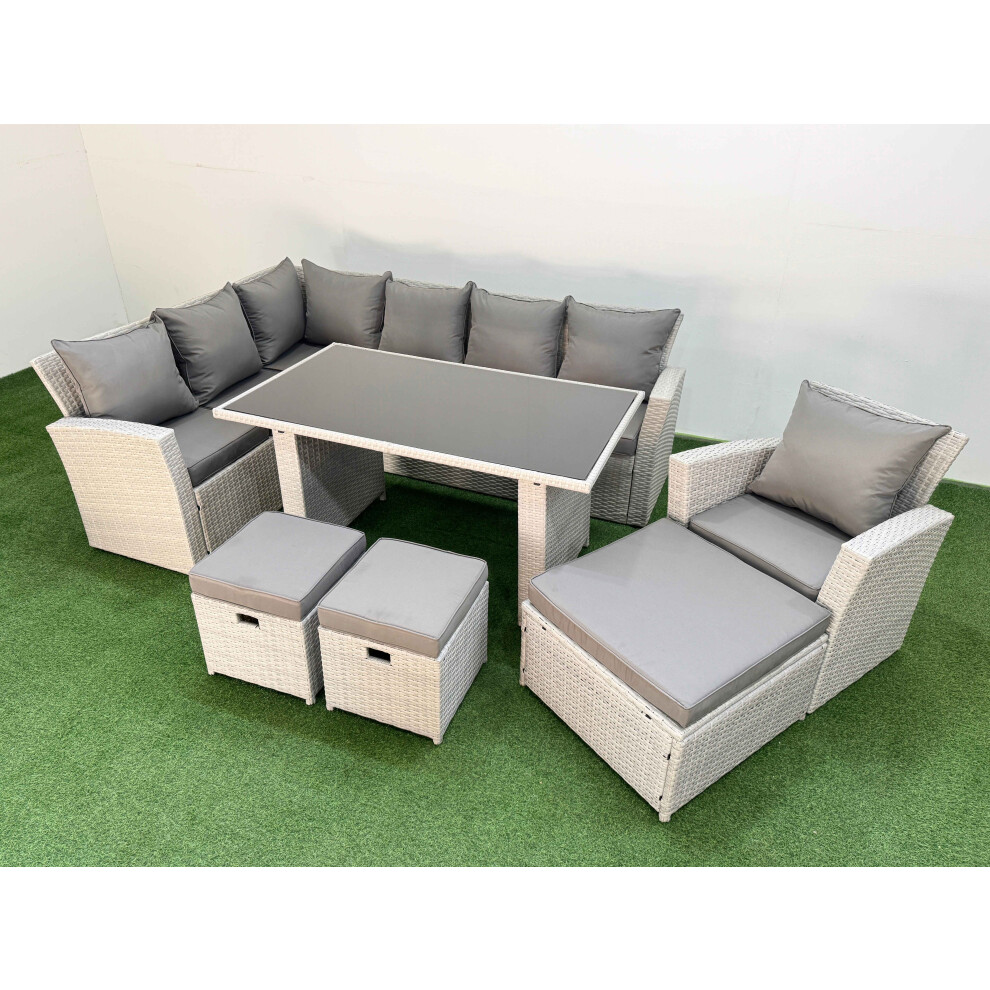 Fimous 10 Seater Wicker Rattan Corner Sofa Sets Outdoor Garden Furniture Sets with Rectangular Dining Table Lounge Sofa 3 Footstools Armchair