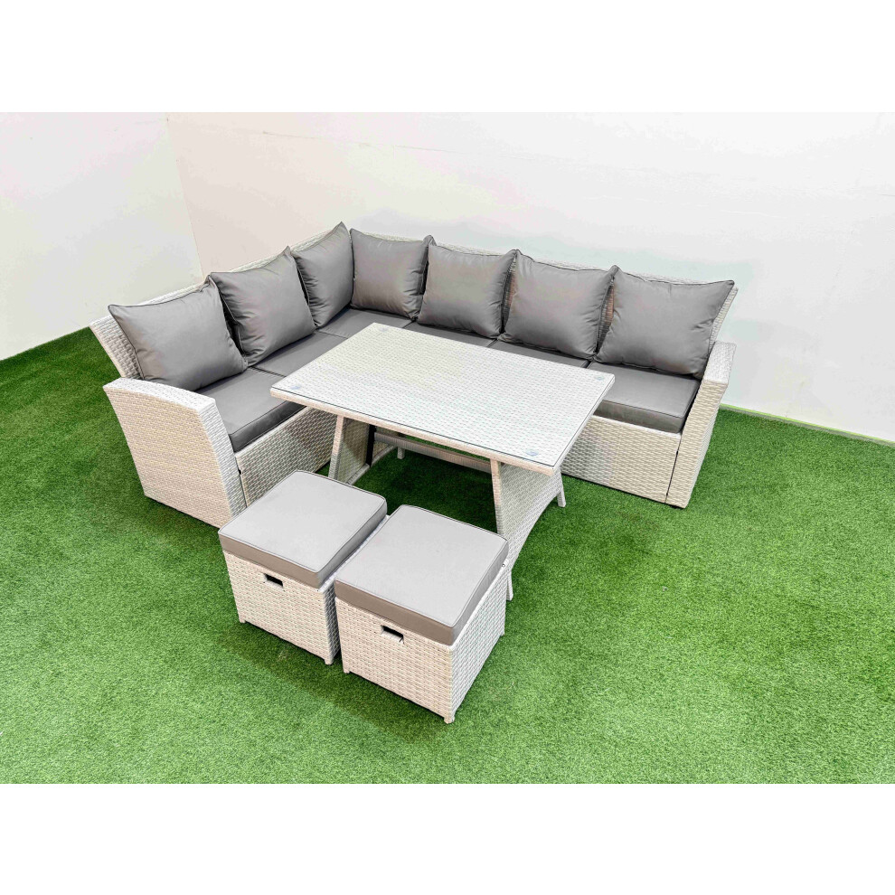 Fimous Garden Outdoor Rattan Furniture Set Rattan Corner Sofa Oblong Dining Table Set with 2 Small Footstools Light Grey Mixed 8 Seater