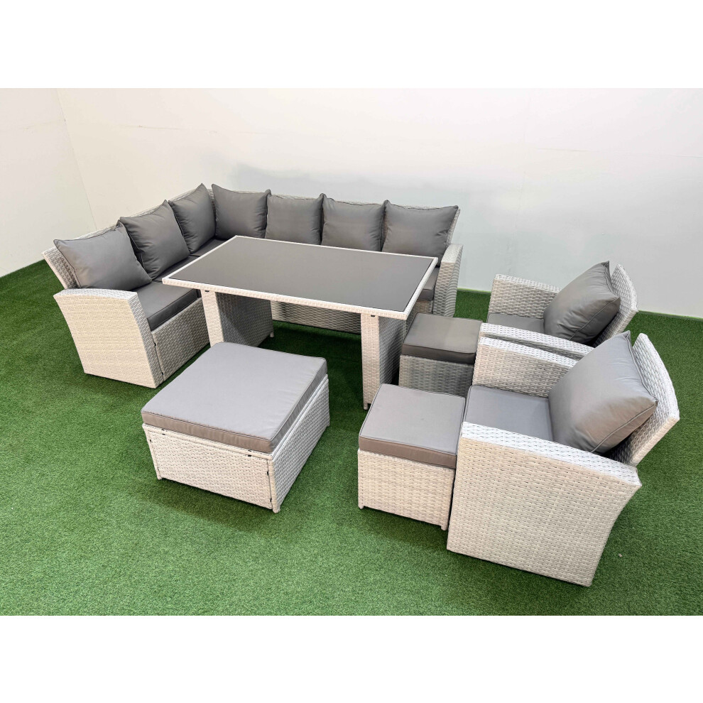 Fimous 11 Seater Wicker Rattan Corner Sofa Sets Outdoor Garden Furniture Sets with Rectangular Dining Table Lounge Sofa 3 Footstools Light Grey