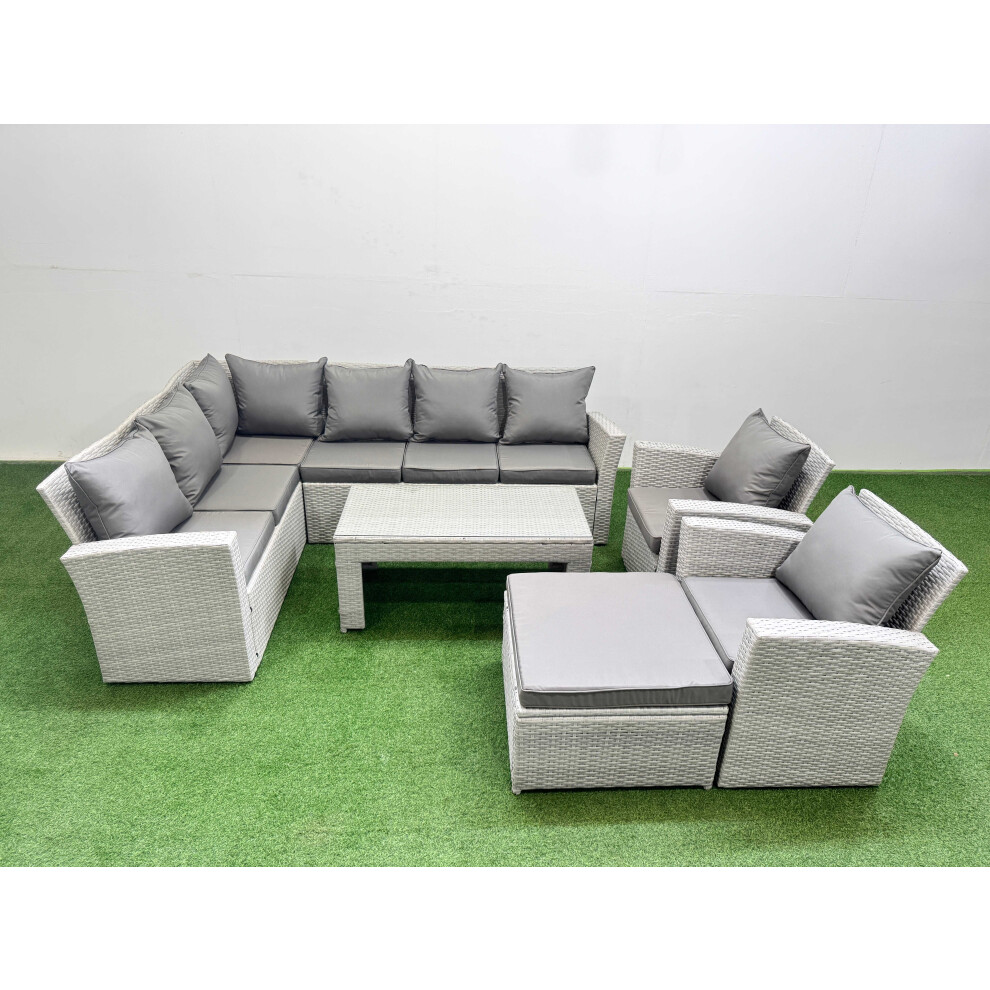 Fimous Rattan Garden Furniture Set Outdoor 9 Seater Corner Sofa Sets with Oblong Coffee Table Chair Big Footstool Light Grey Mixed