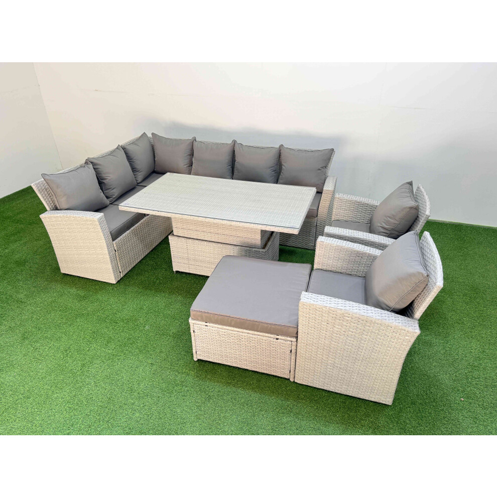 Rackhams Light/Grey 9 Seat Rattan Outdoor Garden Furniture Corner Sofa Set Adjustable Lifting Dining Or Coffee Table Set With Big Footstool - Image 2