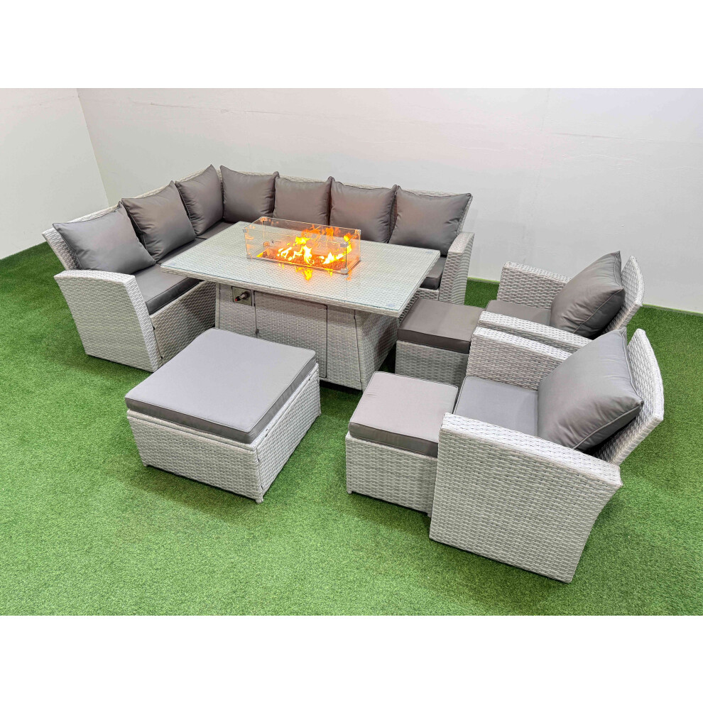 Fimous Unisex Light Grey Rattan Corner Sofa Chair Set Gas Fire Pit Table With Temper Glass Footstools Mixed Size 3 - Image 3