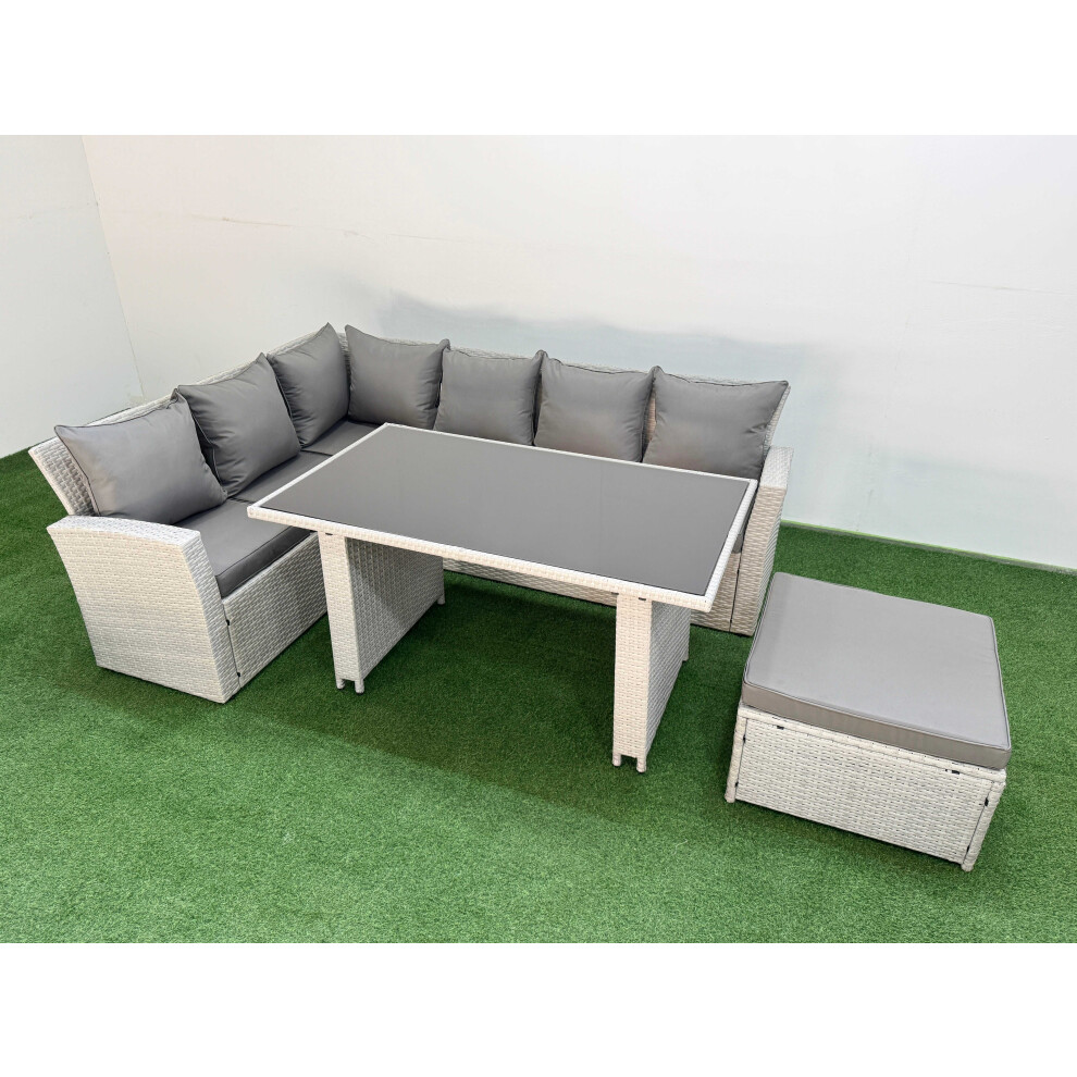 Fimous 7 Seater Wicker Rattan Corner Sofa Sets Outdoor Garden Furniture Sets with Rectangular Dining Table Lounge Sofa Big Footstool Light Grey