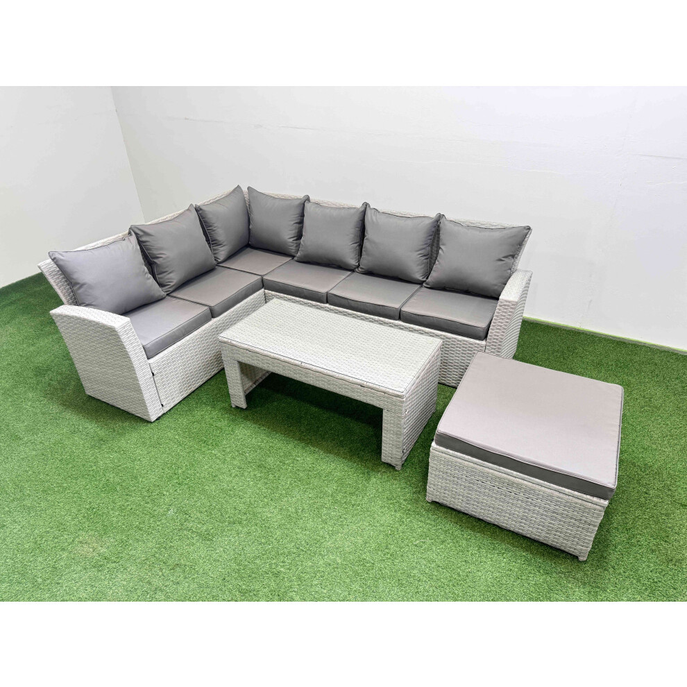Fimous Rattan Garden Furniture Set Outdoor 7 Seater Corner Sofa Sets with Oblong Coffee Table Big Footstool Light Grey Mixed
