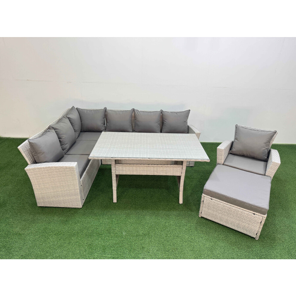 Fimous 8 Seater Rattan Garden Furniture Set Outdoor Patio Dining Corner Sofa Sets with Dining Table Chair Big Footstool Light Grey Mixed
