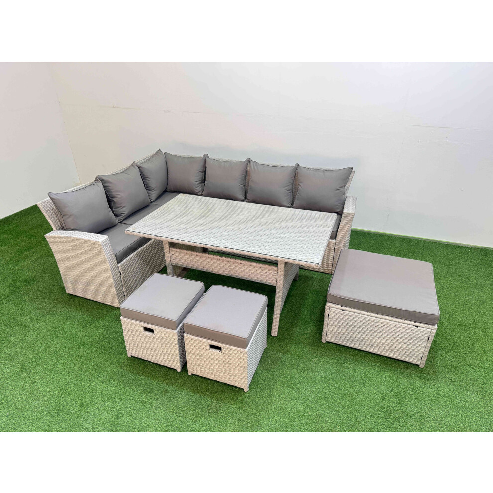 Fimous 9 Seater Rattan Garden Furniture Set Outdoor Patio Dining Corner Sofa Sets with Dining Table 3 Footstools Light Grey Mixed
