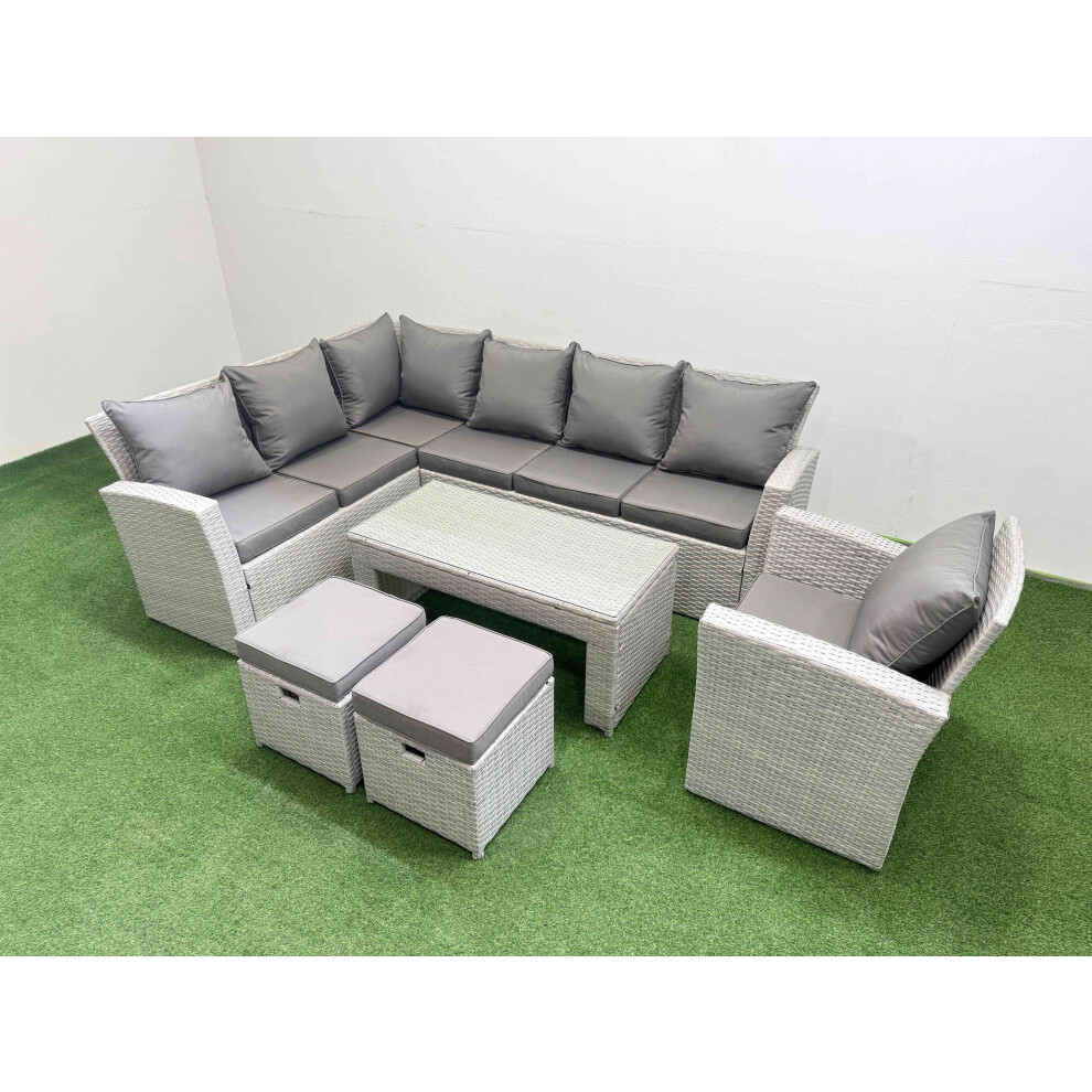 Fimous Rattan Garden Furniture Set Outdoor 9 Seater Corner Sofa Sets with Oblong Coffee Table Chair 2 Small Footstools Light Grey Mixed