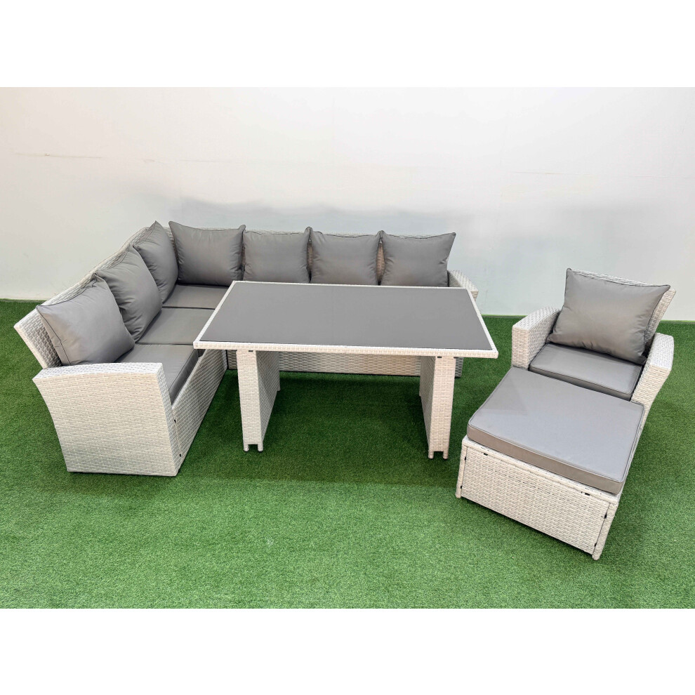 Fimous 8 Seater Wicker Rattan Corner Sofa Sets Outdoor Garden Furniture Sets with Rectangular Dining Table Lounge Sofa Big Footstool Armchair