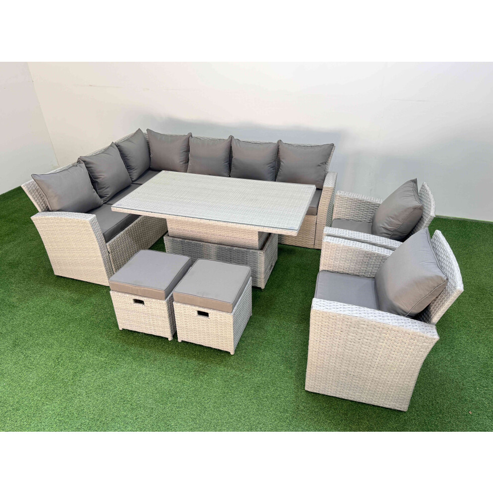 Fimous 10 Seat Rattan Outdoor Garden Furniture Corner Sofa Set Adjustable Lifting Dining or Coffee Table Set with 2 Small Footstools Light Grey