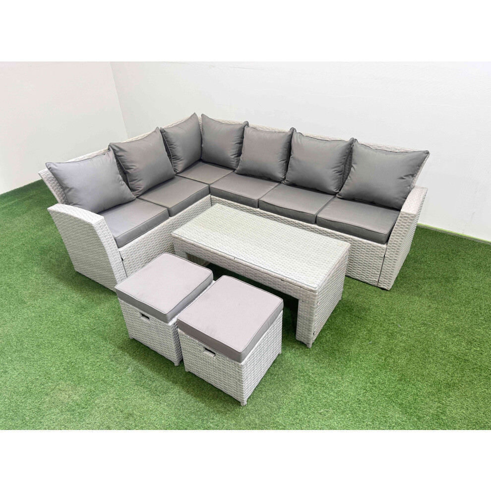 Fimous Rattan Garden Furniture Set Outdoor 8 Seater Corner Sofa Sets with Oblong Coffee Table 2 Small Footstools Light Grey Mixed
