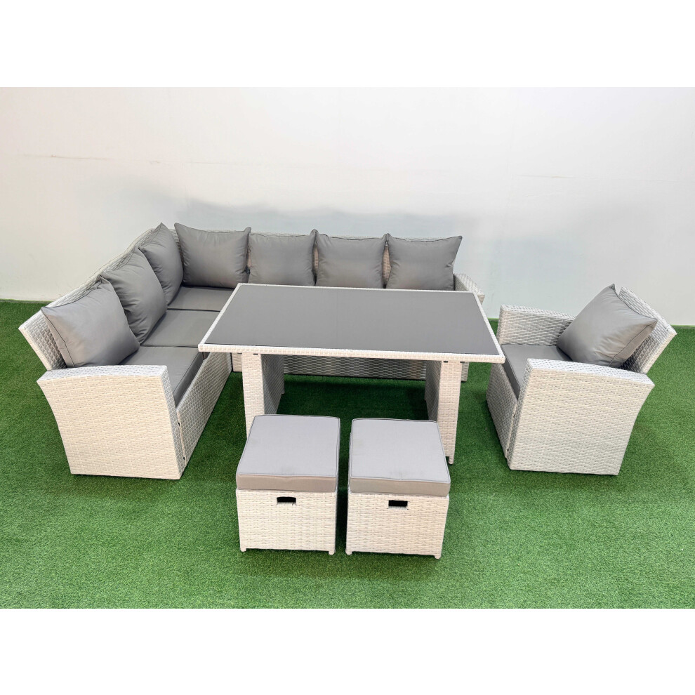 Fimous 9 Seater Wicker Rattan Corner Sofa Sets Outdoor Garden Furniture Sets with Rectangular Dining Table Lounge Sofa 2 Small Footstools Armchair