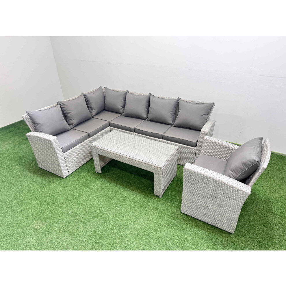 Fimous Rattan Garden Furniture Set Outdoor 7 Seater Corner Sofa Sets with Oblong Coffee Table Chair Light Grey Mixed