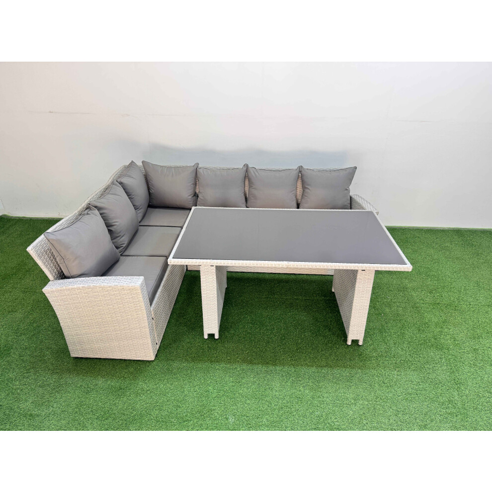 Fimous 6 Seater Wicker Rattan Corner Sofa Sets Outdoor Garden Furniture Sets with Rectangular Dining Table Lounge Sofa Light Grey