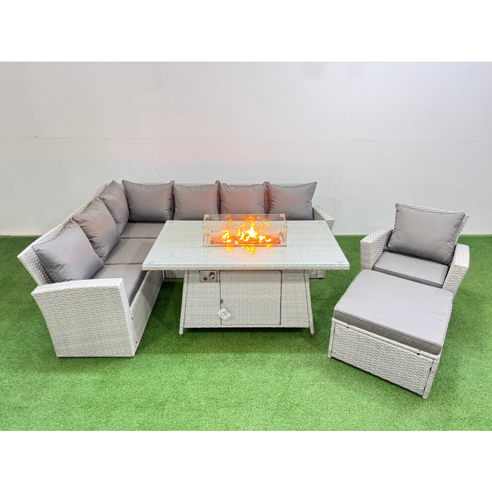 Fimous 8 Seat Rattan Garden Furniture Corner Sofa Set Outdoor Gas Fire Pit Table Sets with Big Footstool Light Grey-image-OPC-PGYGT7F-NEW