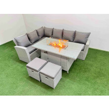 Fimous 8 Seat Rattan Garden Furniture Corner Sofa Set Outdoor Gas Fire Pit Table Sets with 2 Small Footstools Light Grey