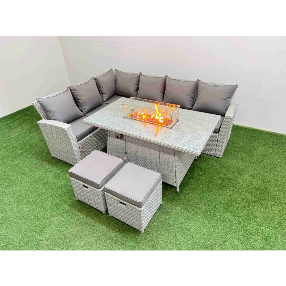 Fimous 8 Seat Rattan Garden Furniture Corner Sofa Set Outdoor Gas Fire Pit Table Sets with 2 Small Footstools Light Grey-image-OPC-PGYGT8G-NEW