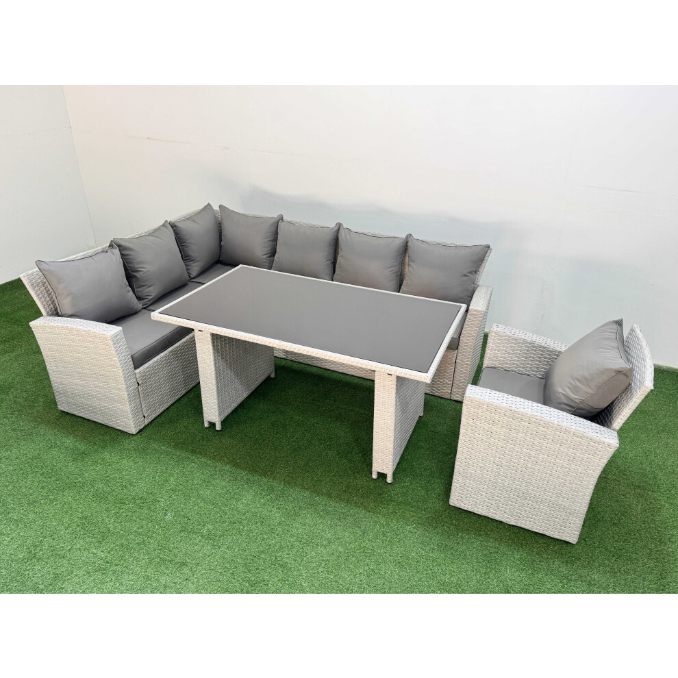 Fimous 7 Seater Wicker Rattan Corner Sofa Sets Outdoor Garden Furniture Sets with Rectangular Dining Table Lounge Sofa Armchair Light Grey