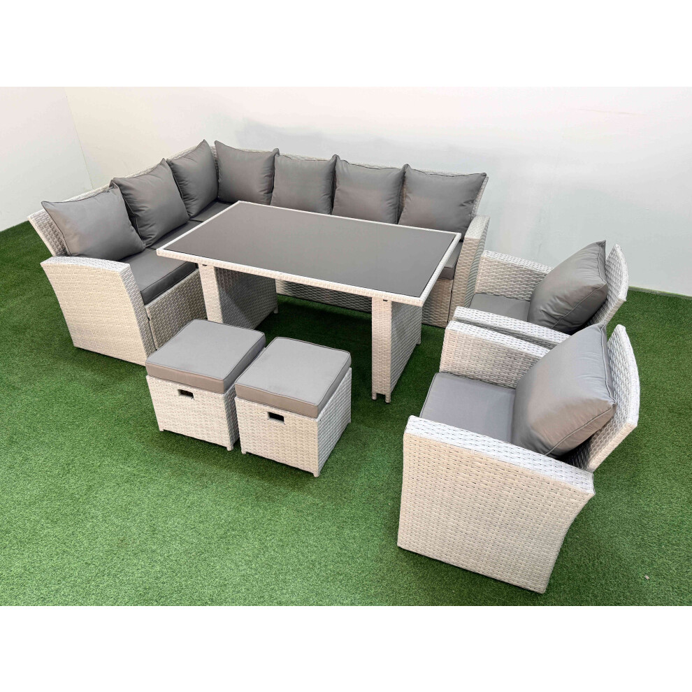 Fimous 10 Seater Wicker Rattan Corner Sofa Sets Outdoor Garden Furniture Sets with Rectangular Dining Table Lounge Sofa 2 Small Footstools Light Grey