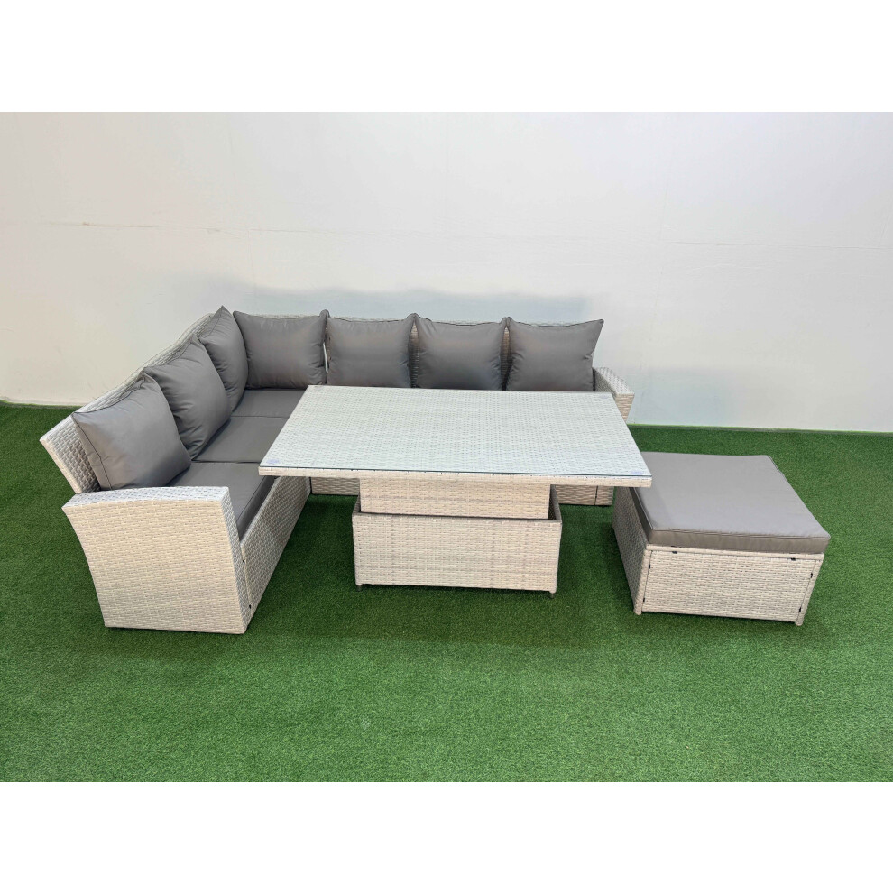 Fimous 7 Seat Rattan Outdoor Garden Furniture Corner Sofa Set Adjustable Lifting Dining or Coffee Table Set with Armchair Big Footstool Light Grey