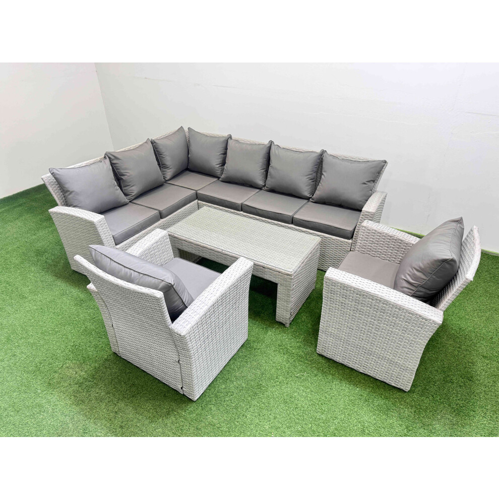 Fimous Rattan Garden Furniture Set Outdoor 8 Seater Corner Sofa Sets with Oblong Coffee Table Chair Light Grey Mixed