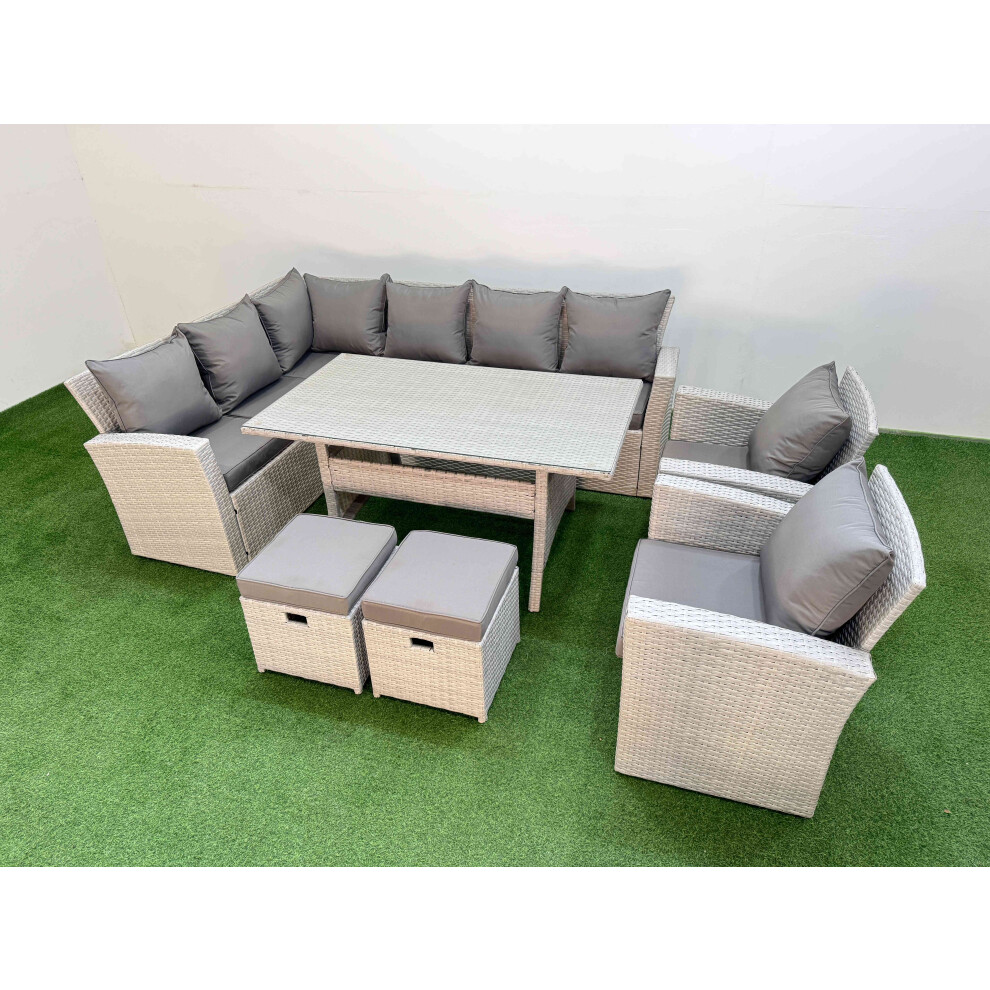 Fimous 10 Seater Rattan Garden Furniture Set Outdoor Patio Dining Corner Sofa Sets with Dining Table 2 Chairs 2 Small Footstool Light Grey Mixed