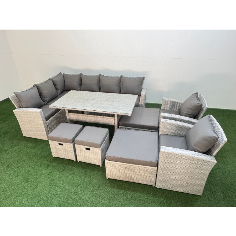 Fimous 12 Seater Rattan Garden Furniture Set Outdoor Patio Dining Corner Sofa Sets with Dining Table 2 Chairs 4 Footstools Light Grey Mixed