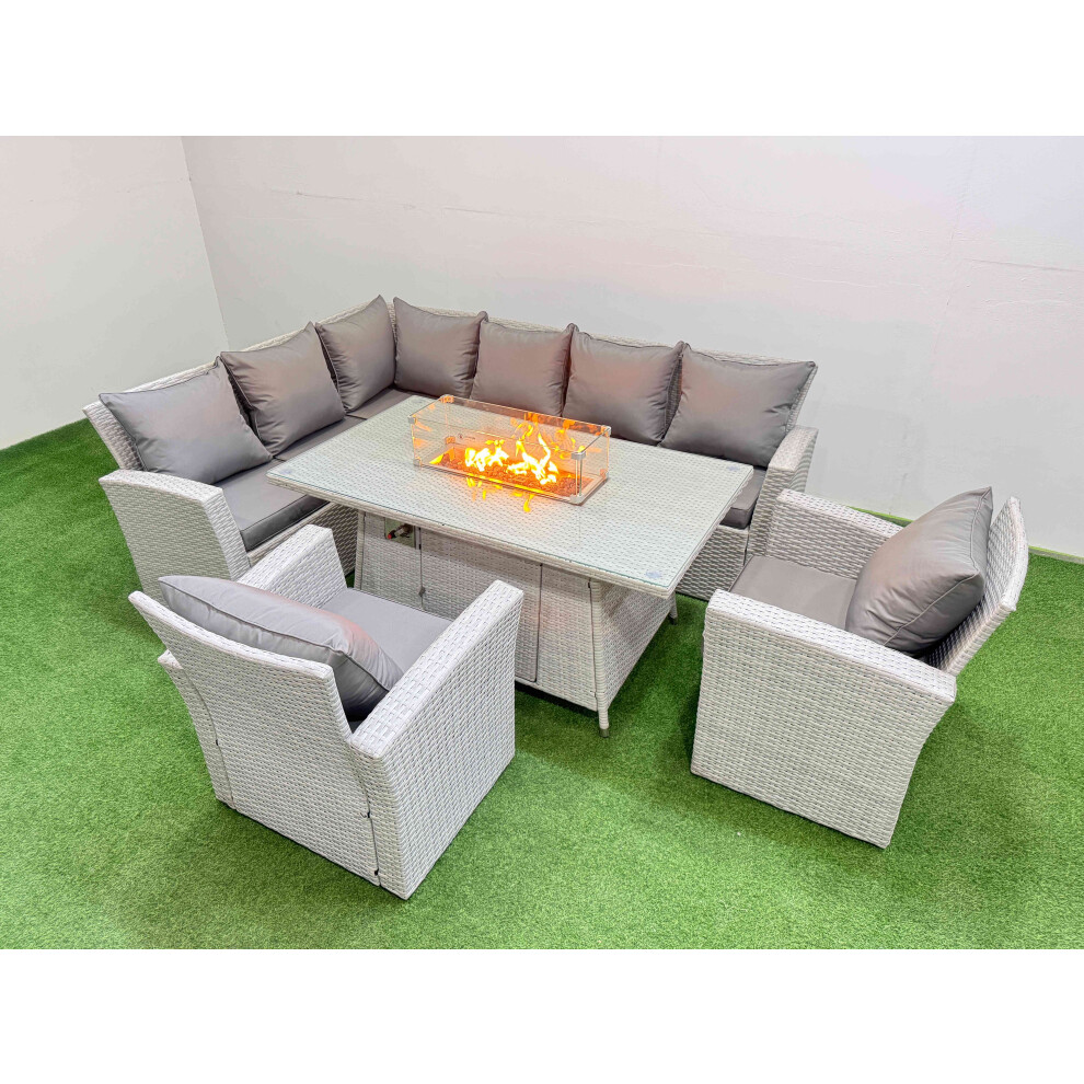 Fimous Rattan Corner Sofa Chair Set Outdoor Furniture Garden Dining Sets Gas Fire Pit Table With Temper Glass Light Grey Mixed