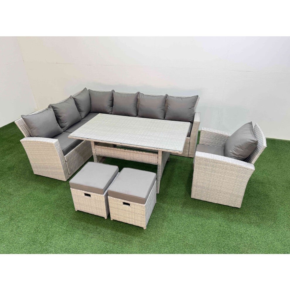 Fimous 9 Seater Rattan Garden Furniture Set Outdoor Patio Dining Corner Sofa Sets with Dining Table Chair 2 Small Footstools Light Grey Mixed-image-OPC-PGYGT82-NEW