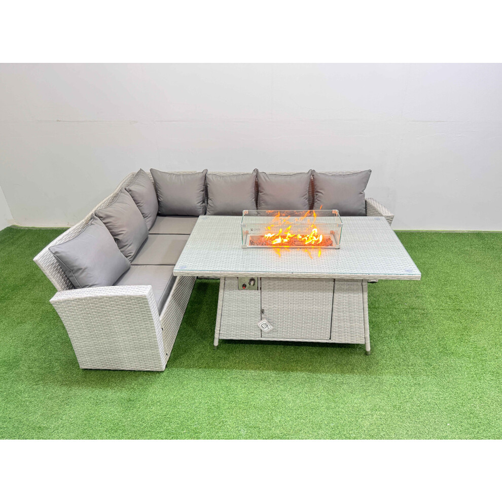Fimous 6 Seat Rattan Garden Furniture Corner Sofa Set Outdoor Gas Fire Pit Table Sets Light Grey