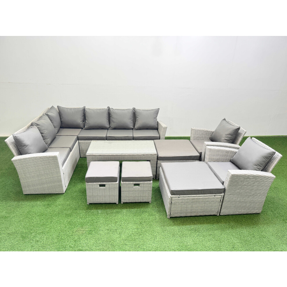 Fimous Rattan Garden Furniture Set Outdoor 12 Seater Corner Sofa Sets With Oblong Coffee Table Chair 4 Footstools Light Grey Mixed