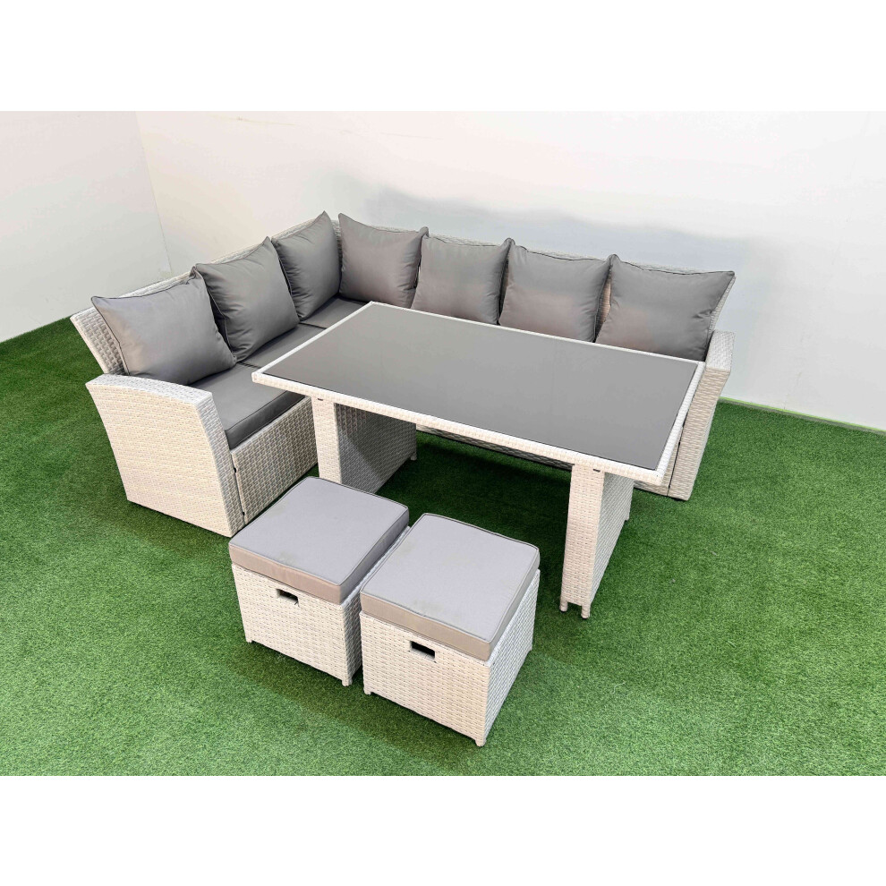 Fimous 8 Seater Wicker Rattan Corner Sofa Sets Outdoor Garden Furniture Sets with Rectangular Dining Table Lounge Sofa 2 Small Footstools Light Grey