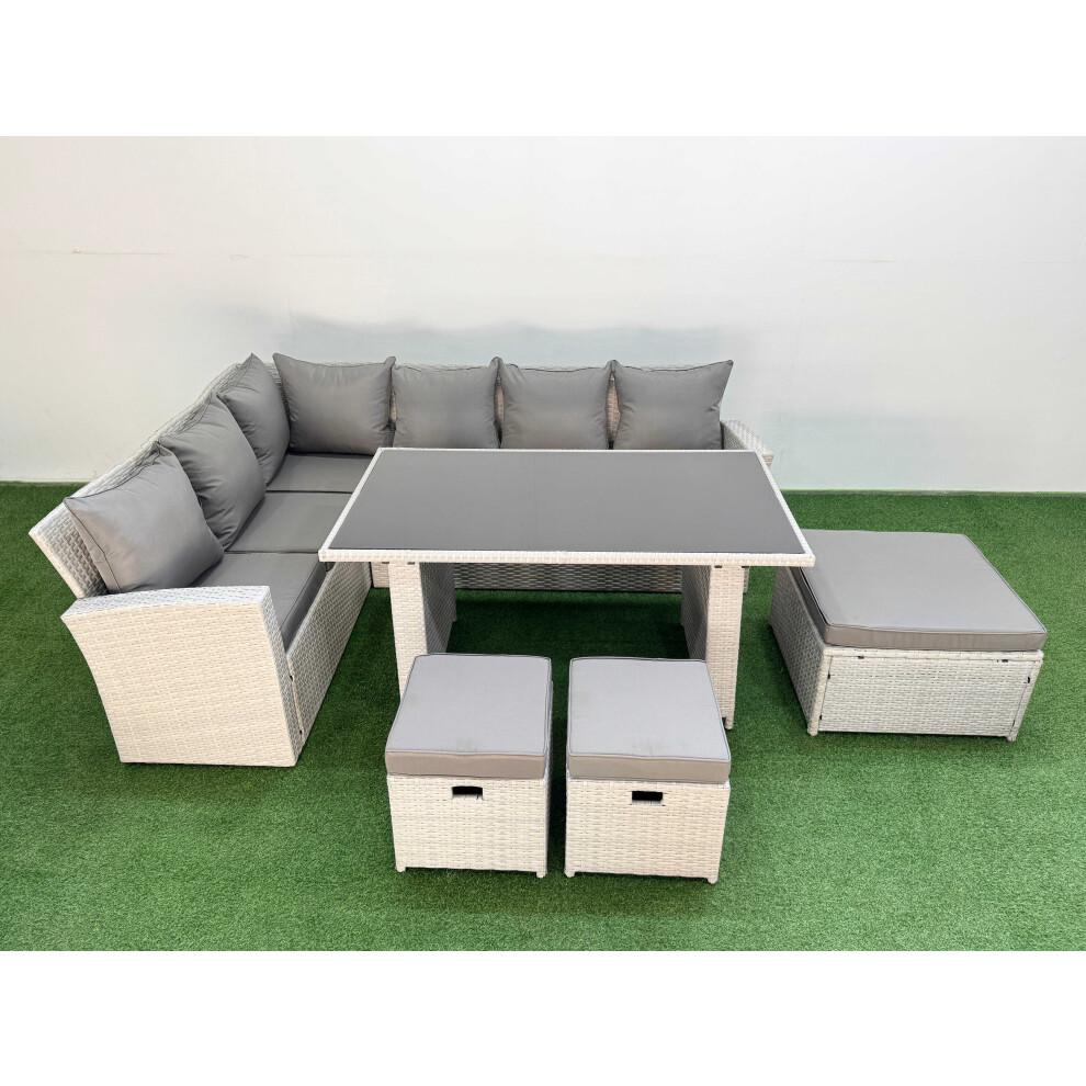 Fimous 9 Seater Wicker Rattan Corner Sofa Sets Outdoor Garden Furniture Sets with Rectangular Dining Table Lounge Sofa 3 Footstools Light Grey