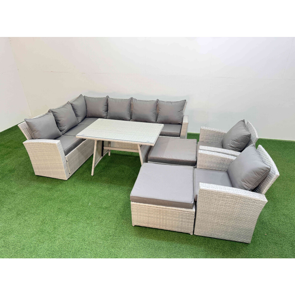 Fimous Light/Grey Garden Outdoor Rattan Furniture Set Rattan Corner Sofa Oblong Dining Table With 2 Armchairs 2 Big Footstools Mixed 10 Seater - Image 2