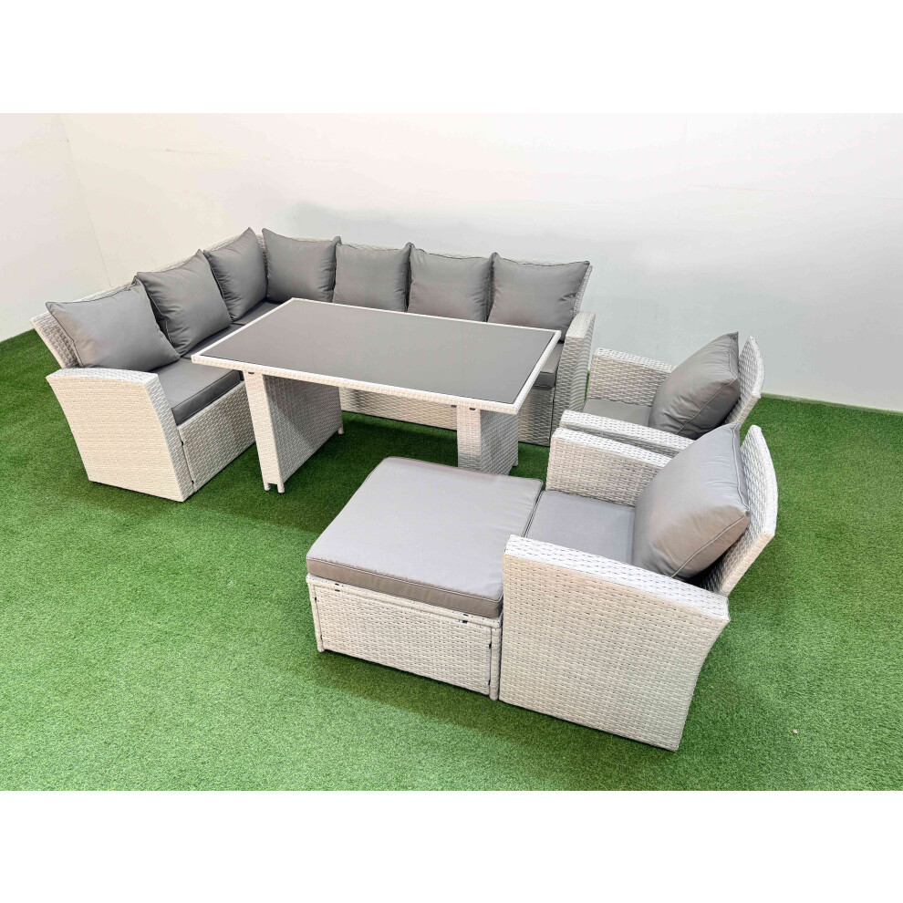Fimous 9 Seater Wicker Rattan Corner Sofa Sets Outdoor Garden Furniture Sets with Rectangular Dining Table Lounge Sofa Big Footstool Light Grey-image-OPC-PGYGT6Y-NEW