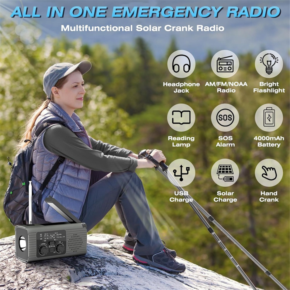 Solar Hand Crank Radio Emergency Radio Hand Crank Radio Multi-Function Am/Fm/Noaa Solar Hand Crank Emergency Radio Sos Alarm 4000Mah Gray 4852715986454