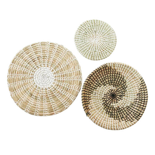Geweven muurmand, set van 5, verschillende maten hangende geweven mand decoratie, ronde platte zeegras geweven mand muurkunst voor thuis muurdecoraties, wandsculpturen