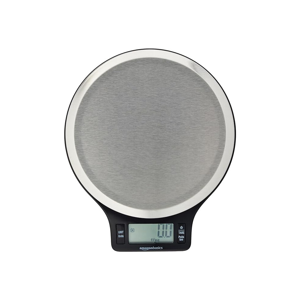Amazon Basics Digital kitchen scales with LCD display (with batteries), Black and Stainless Steel, BPA free, Weighs up to 11 pounds