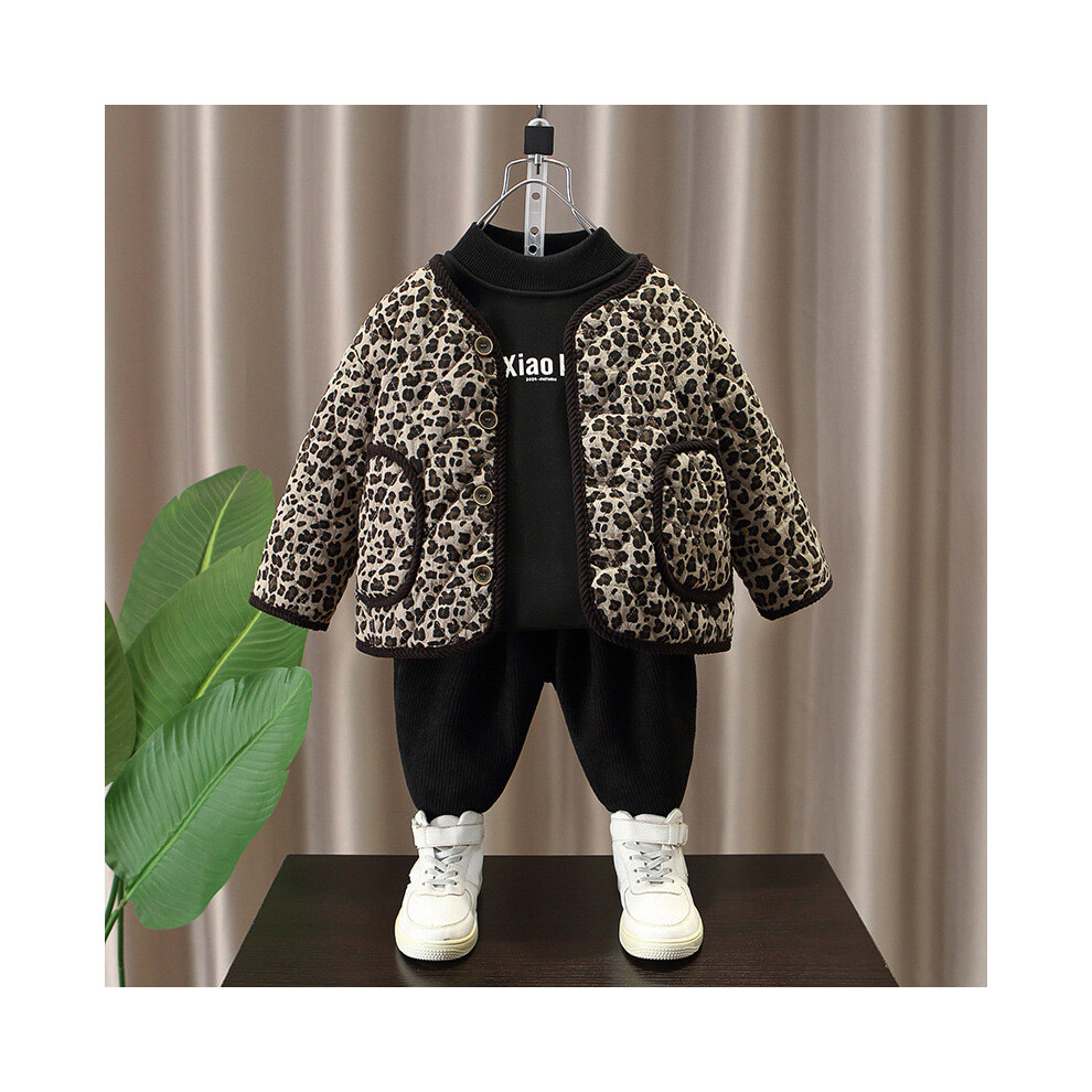 (Leopard ThreePiece Set,90cm)Ensemble veste et pantalon coton garçon imprimé léopard doux et épais pour tenue hivernale