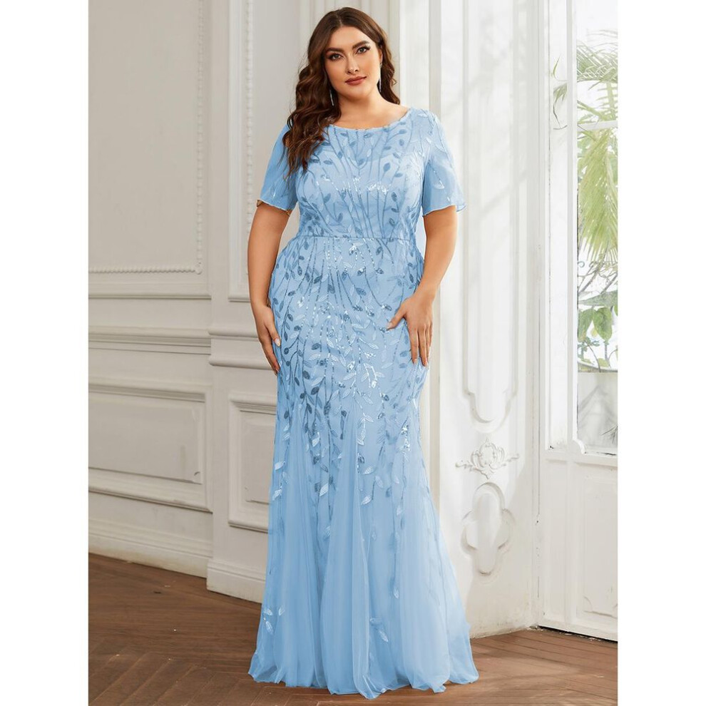 (sky blue, 7XL) Ever-pretty Women&apos;s Plus Size Floral Sequin Short Sleeves Embroidery Mermaid Tulle Evening Dress