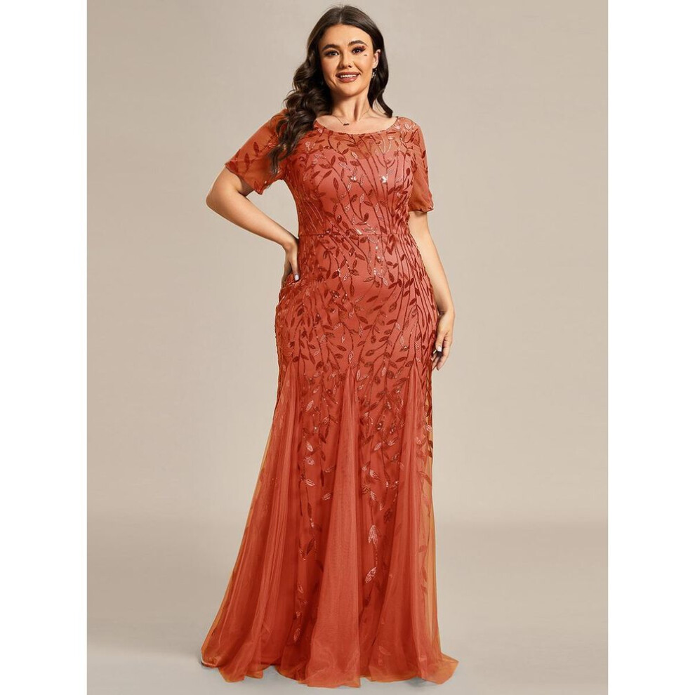 (burnt orange, 4XL) Ever-pretty Women&apos;s Plus Size Floral Sequin Short Sleeves Embroidery Mermaid Tulle Evening Dress
