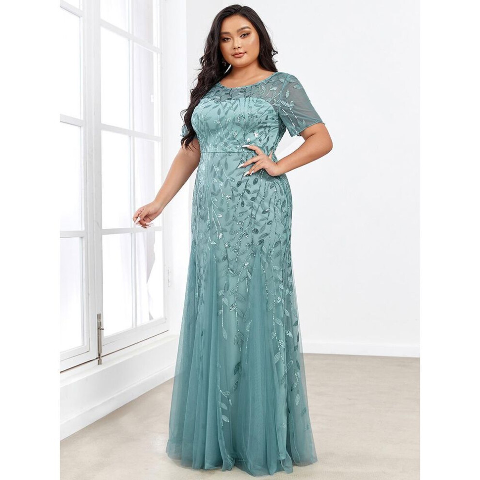 (moonstone blue, 8XL) Ever-pretty Women&apos;s Plus Size Floral Sequin Short Sleeves Embroidery Mermaid Tulle Evening Dress