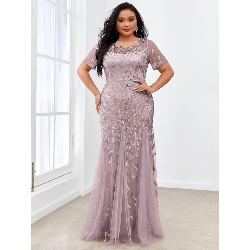 (lilac, 4XL) Ever-pretty Women&apos;s Plus Size Floral Sequin Short Sleeves Embroidery Mermaid Tulle Evening Dress