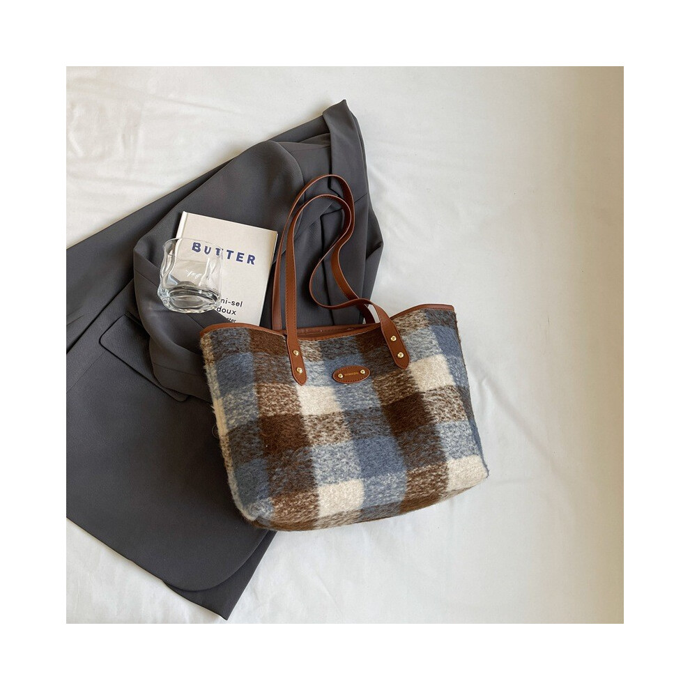 (Blue Check)Sac fourre-tout simple tendance pour femme dans les styles noir gris bleu et marron idéal pour faire du shopping