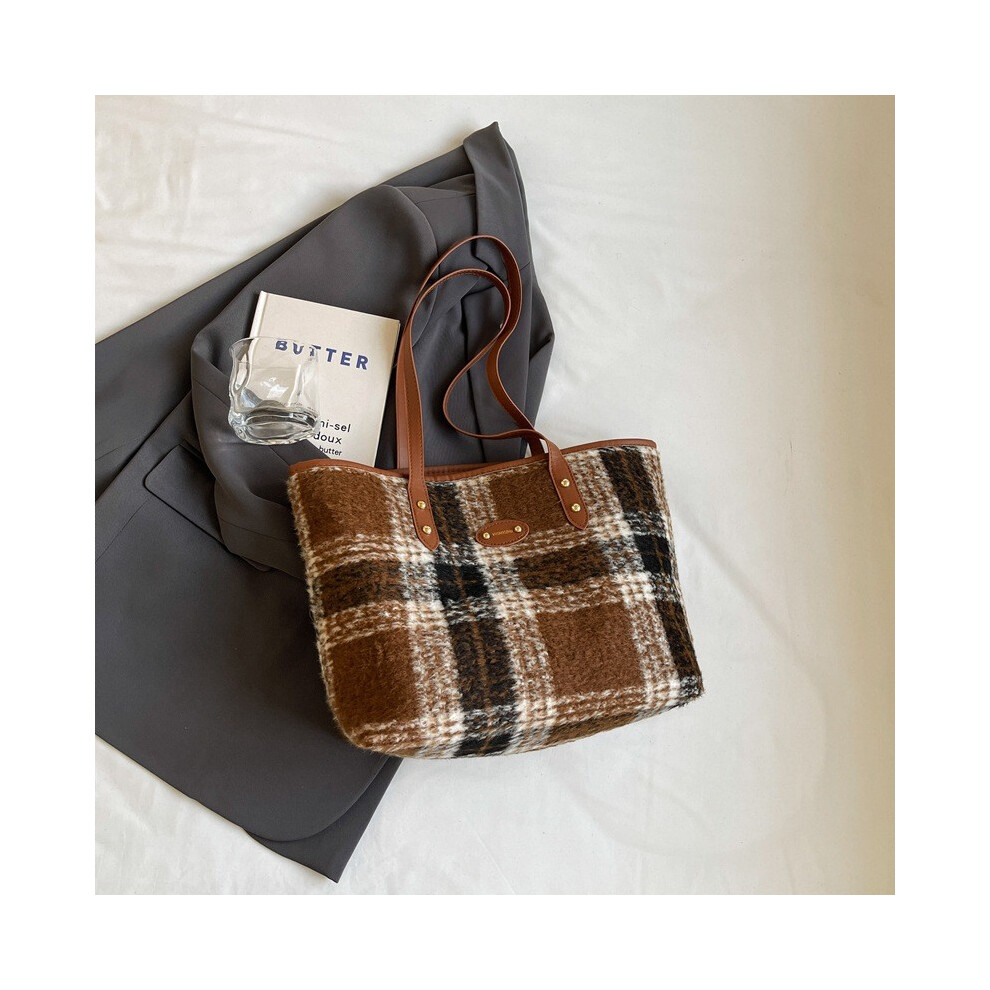 (Brown Check)Sac fourre-tout simple tendance pour femme dans les styles noir gris bleu et marron idéal pour faire du shopping